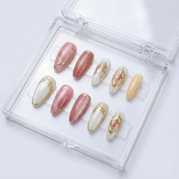 Artificial nails with floral gold accents and glossy finish Kalsten