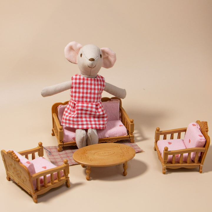 Handmade Linen Mouse Doll with Removable Gingham Dress