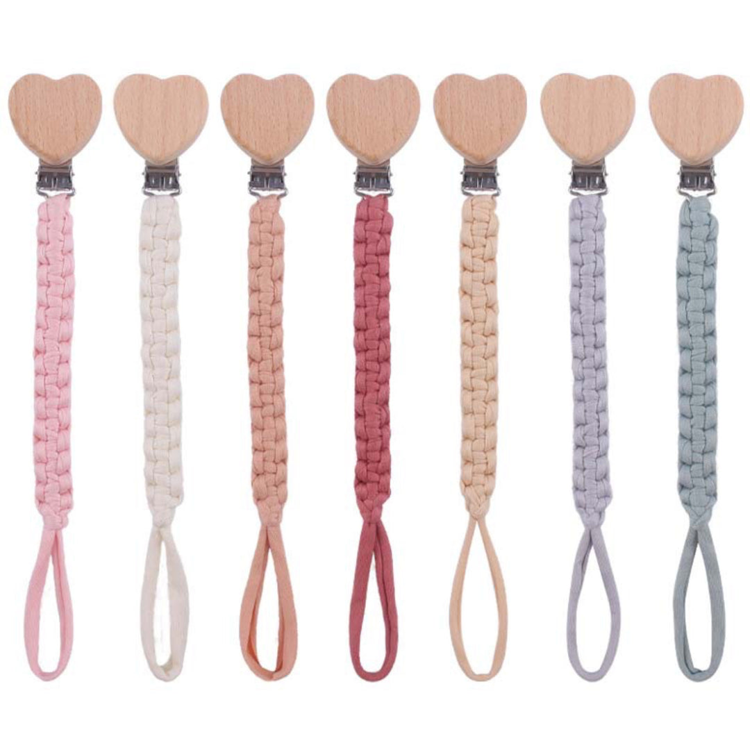 Braided Fabric Pacifier Clip with Wooden Heart Safety Clamp