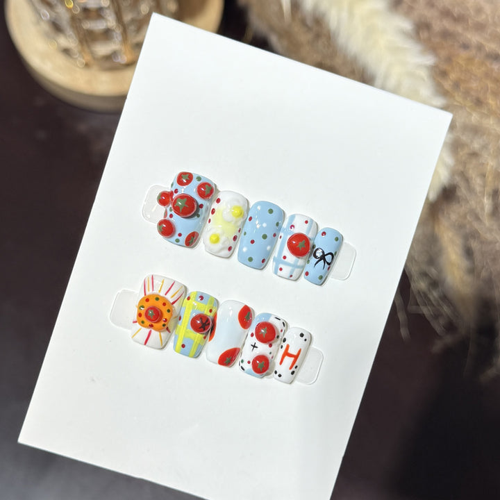 Artistic Press-On Nail Set with Playful Floral and Polka Dot Designs Kalsten