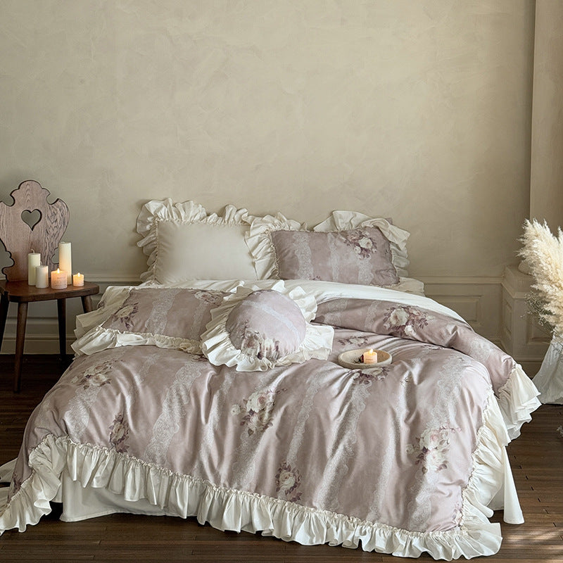 Romantic Ruffled Bed Linen Set with Lace Stripes and Floral Motif