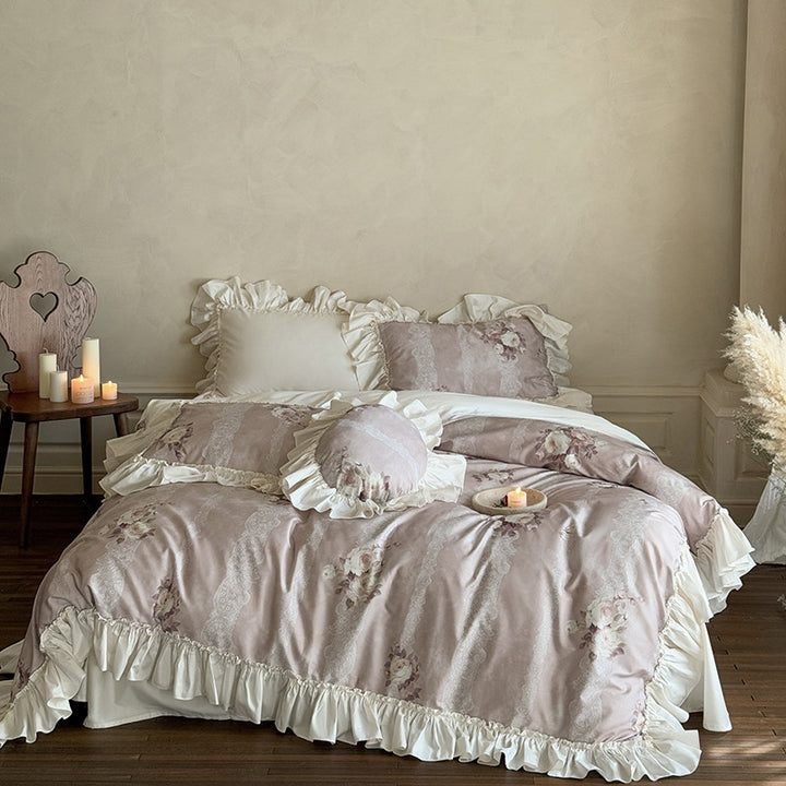 Romantic Ruffled Bed Linen Set with Lace Stripes and Floral Motif