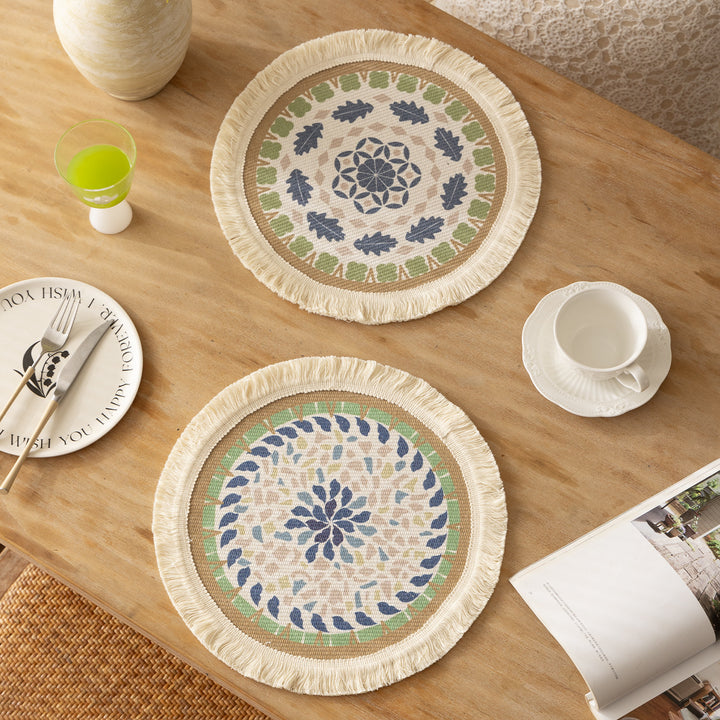 Round handmade woven decorative rug with fringes and botanical pattern Kalsten