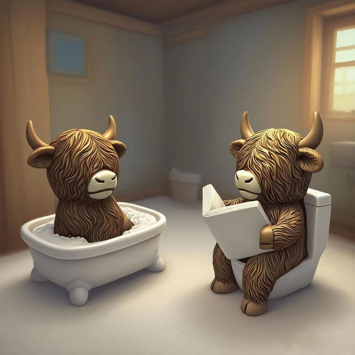 Funny decorative figure of a Highland cow in a bathtub Kalsten