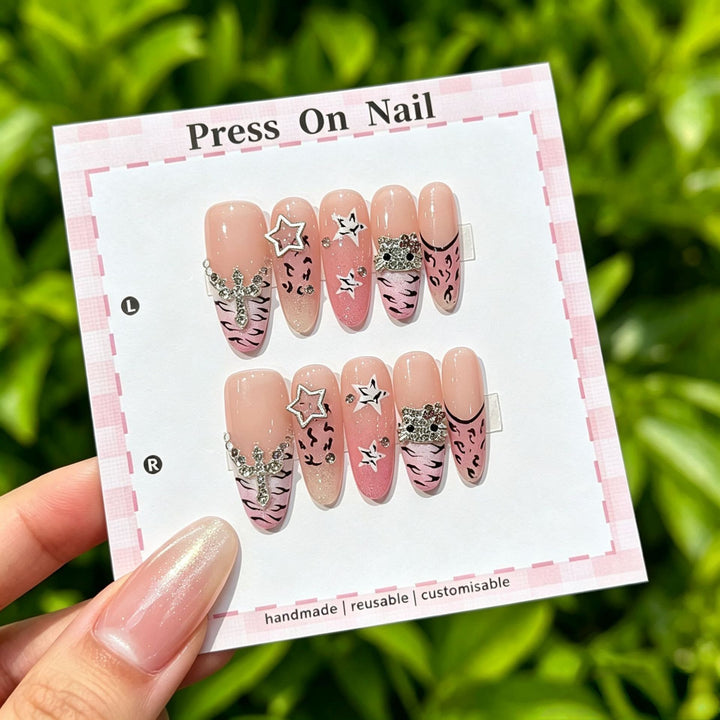 Artistic Press-On Nail Set with Floral and Patterned Designs