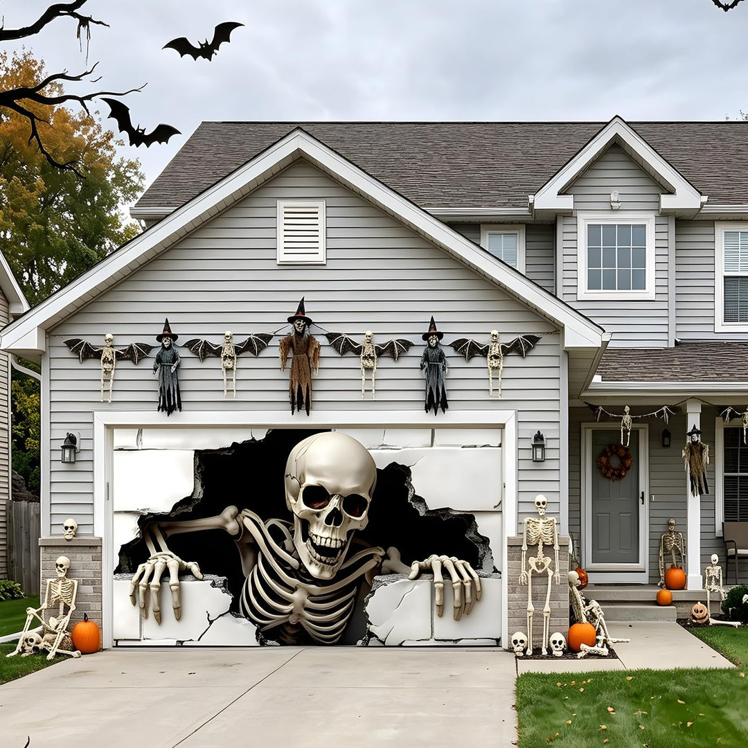 Large-format Halloween photo background made of weatherproof polyester with grommeted fastening edge and bright Haunted House motif