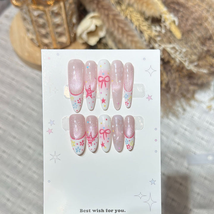 Artistic Press-On Nail Art Set with Charming Star and Bow Designs Kalsten