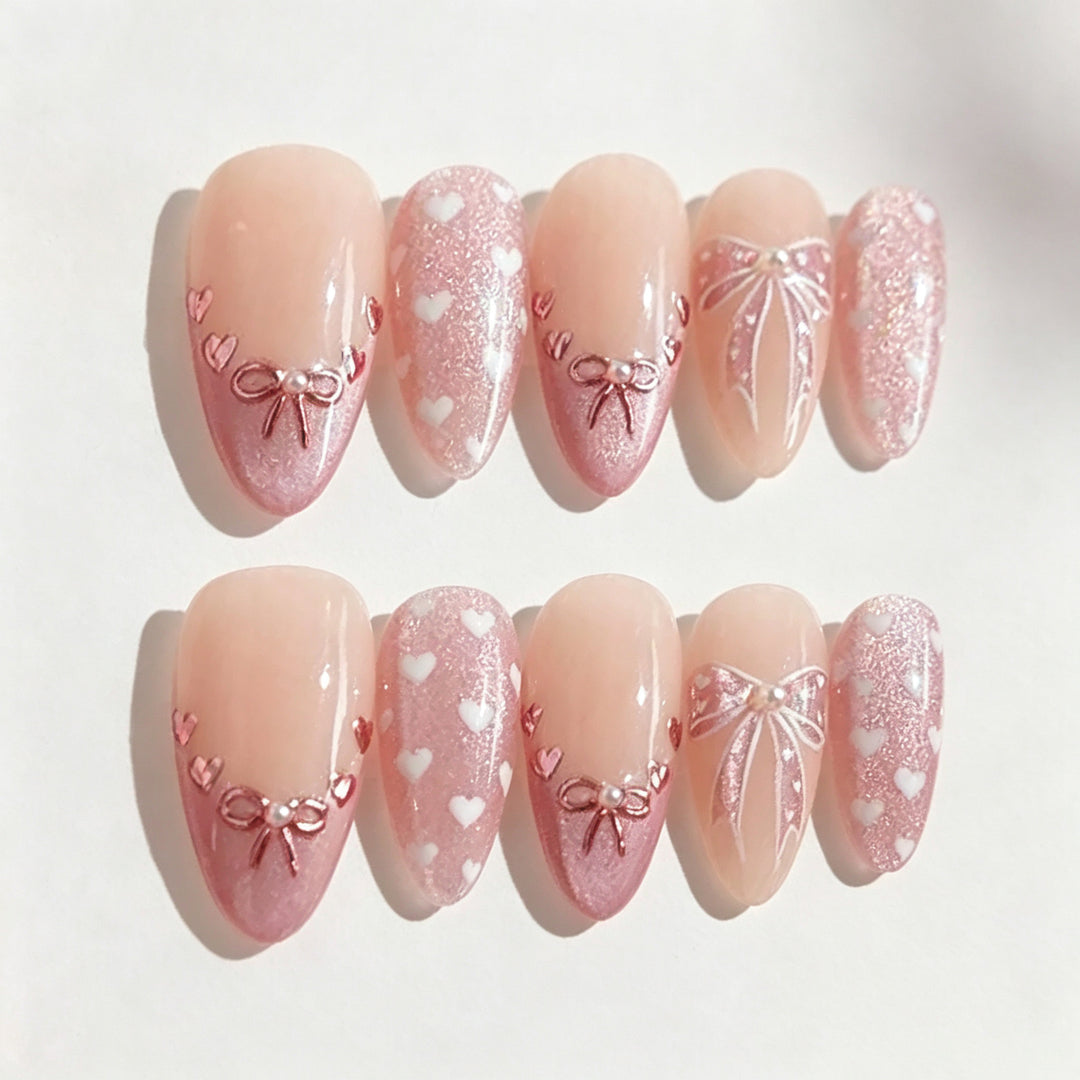 Decorative Press-On Nail Art Set with Heart and Bow Designs