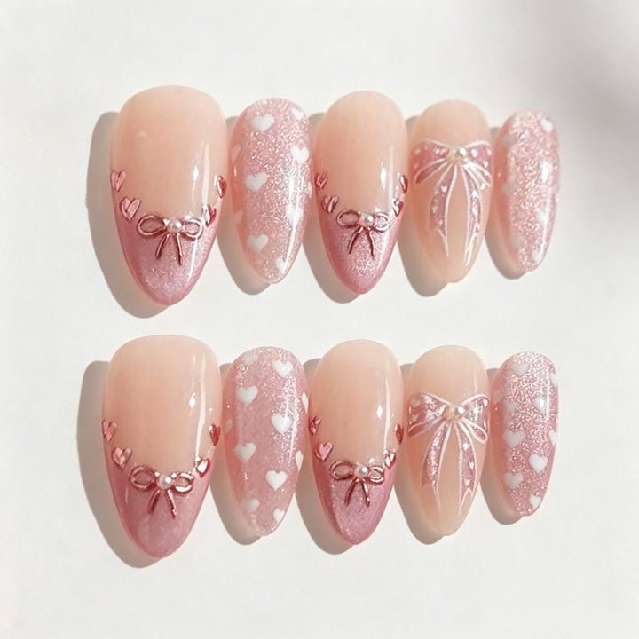 Decorative Press-On Nail Art Set with Heart and Bow Designs