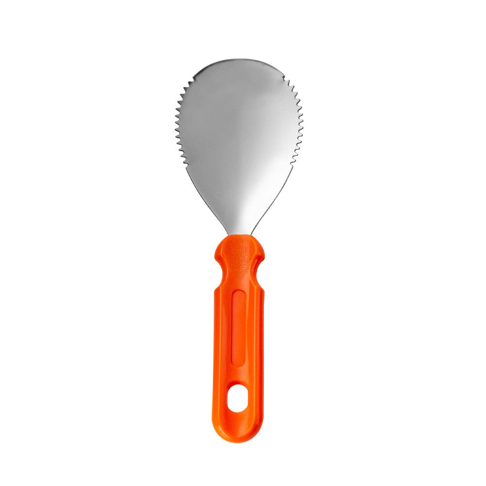 Fruit and melon baller with ergonomic plastic handle and stainless steel cutting blade