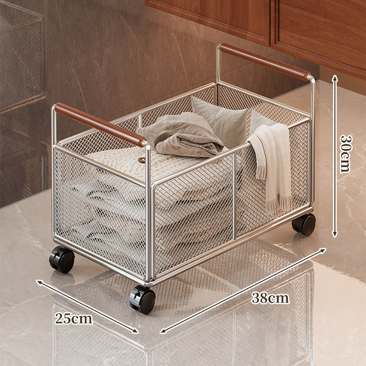Rectangular Ventilated Metal Mesh Storage Basket with Wooden Grip Handles