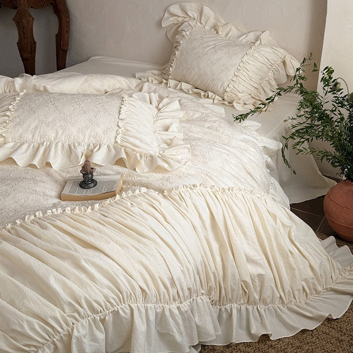 Romantic embroidered cotton bedding set with ruffles and floral jacquard embroidery