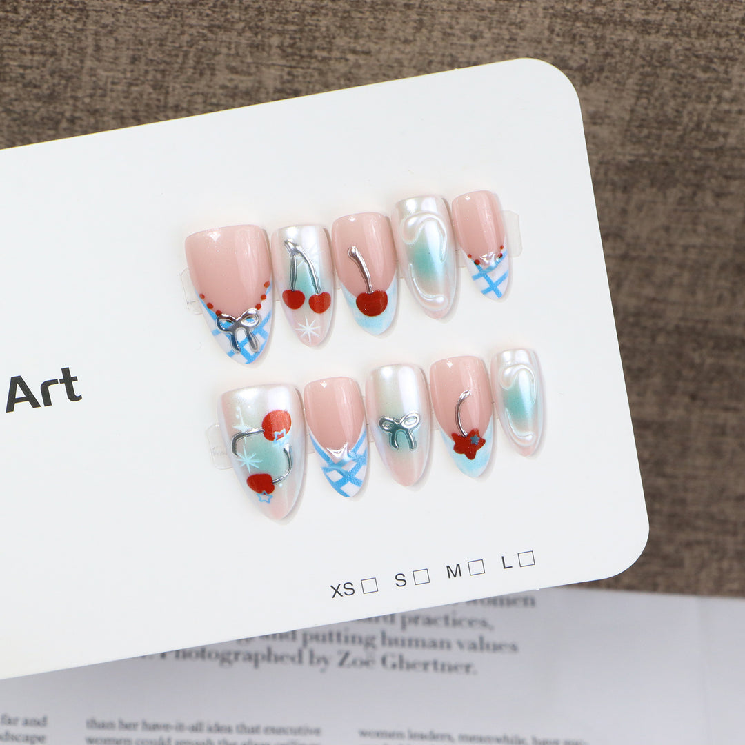 Decorative Press-On Nail Art Set with Charming Cherries and Delicate Accents Kalsten