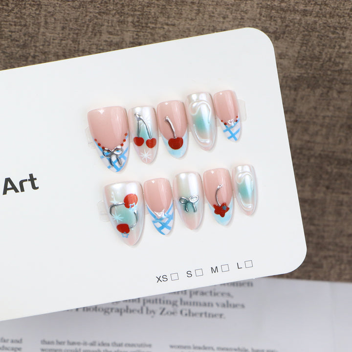Decorative Press-On Nail Art Set with Charming Cherries and Delicate Accents Kalsten