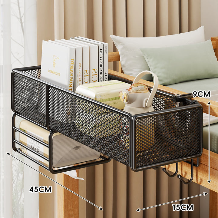 Clamp-On Mesh Bedside Rail Organizer Shelf with Multi Hooks