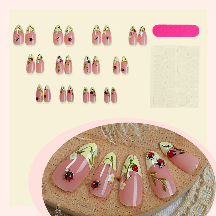 Floral Print Press-On Nails Set with Ladybug and Bee Designs Kalsten