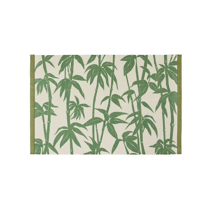 Woven table runner with floral vinyl print look and reinforced overlock stitching Kalsten