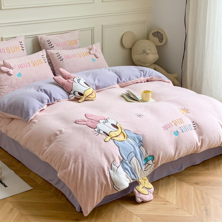 Cute quilted bedding set with plush bear applique and strawberry motif