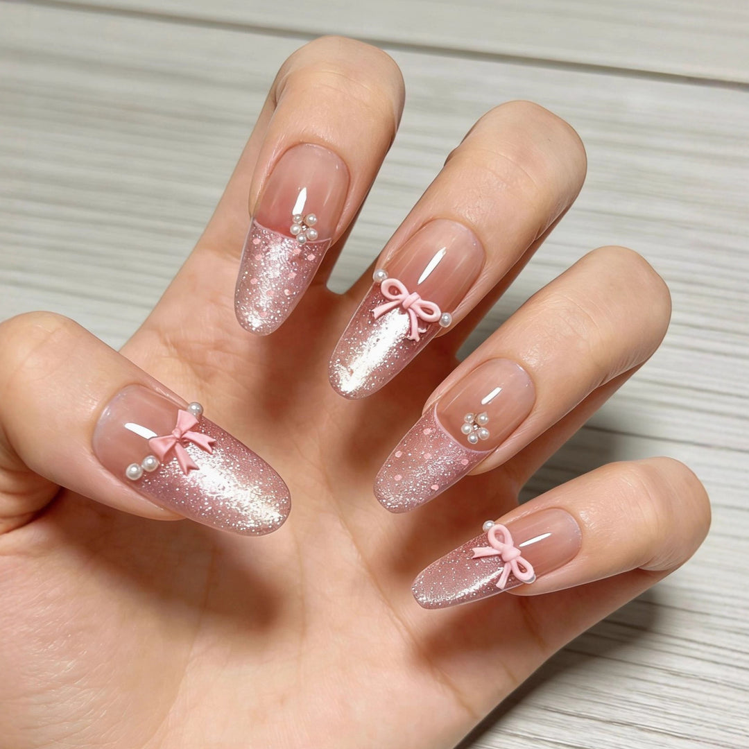 Elegant Artificial Nails with Delicate Gradients and Ribbons Kalsten