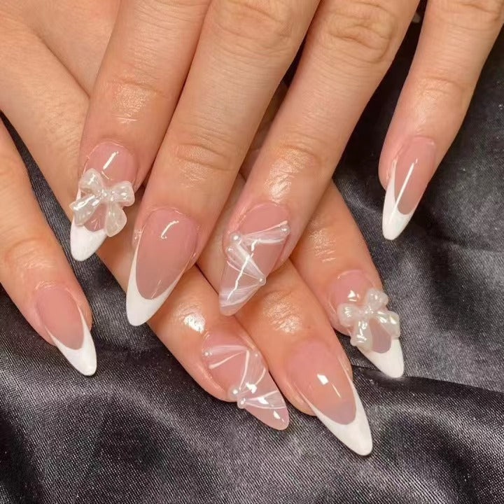 Artificial nail set with elegant 3D bows and lace decorations Kalsten