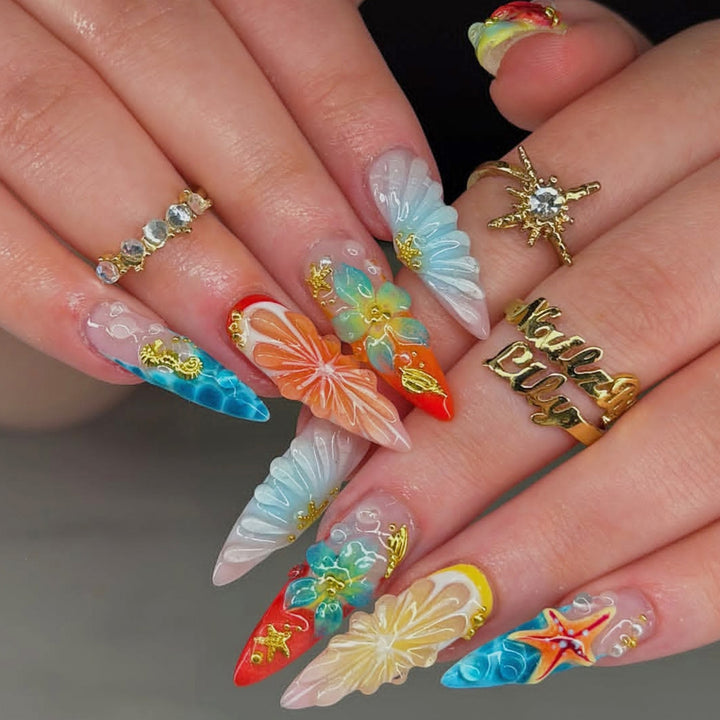 Acrylic nail set with exquisite floral and glitter designs Kalsten
