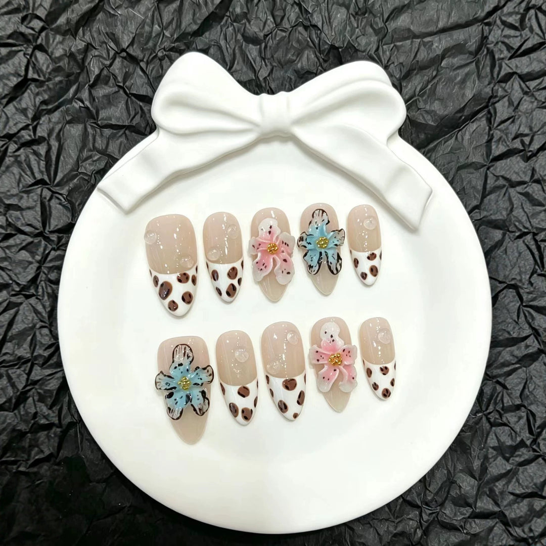 Artistic Press-On Nail Set with Floral and Animal Accents
