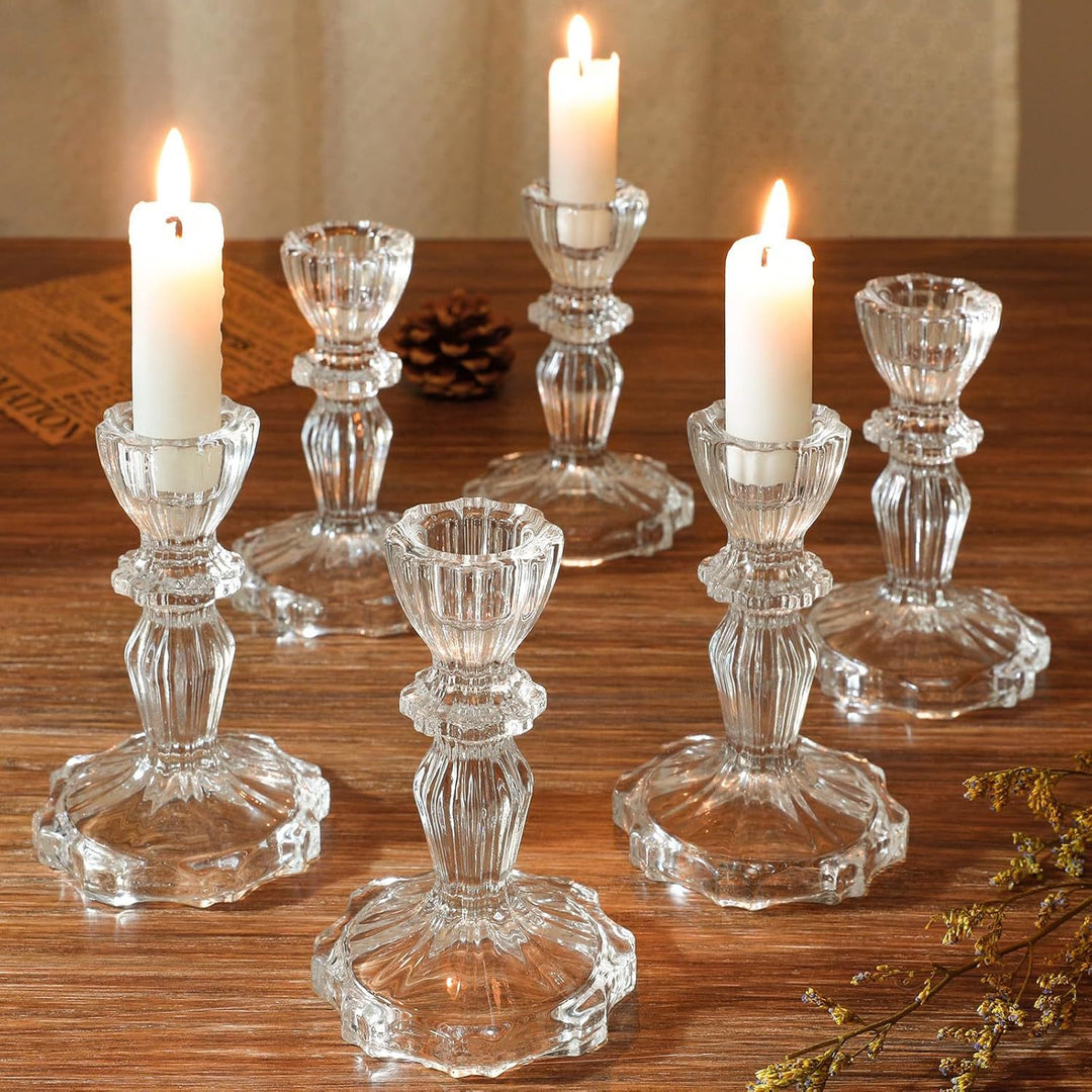 Crystal-cut Glass Candlestick Holder with Ribbed Stem Kalsten
