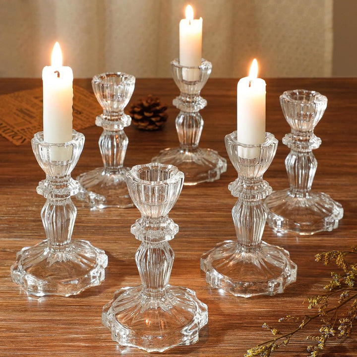 Crystal-cut Glass Candlestick Holder with Ribbed Stem Kalsten