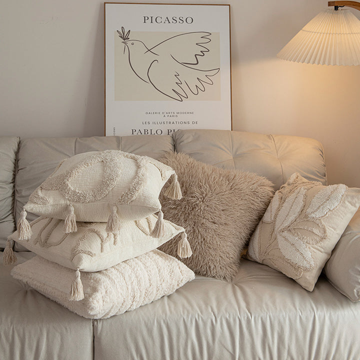 Abstract Raised-Loop Tufted Square Cushion Cover with Knotted Corner Tassels