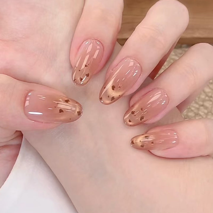 Artistic Press-On Nail Set with Heart and Gold Flake Design Kalsten
