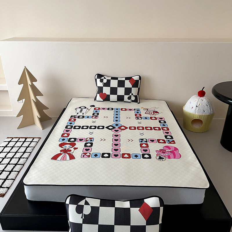 Children's mattress topper with panda print, measuring scale and two pillows non-slip washable