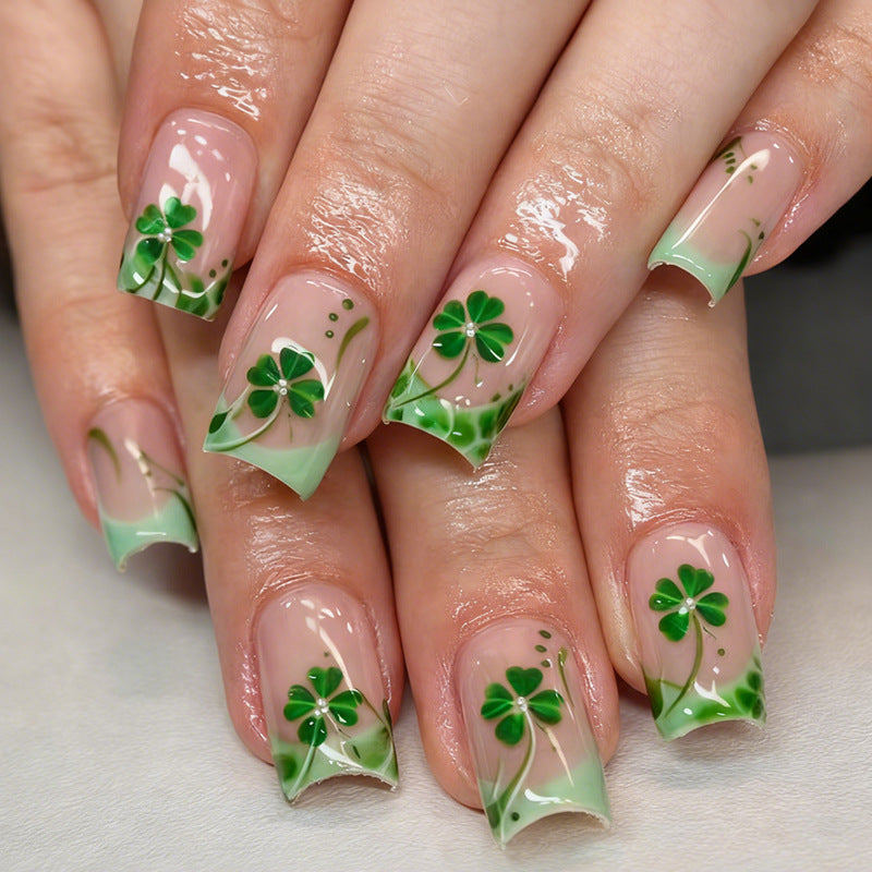 Artificial nail set with festive glitter and clover motifs Kalsten