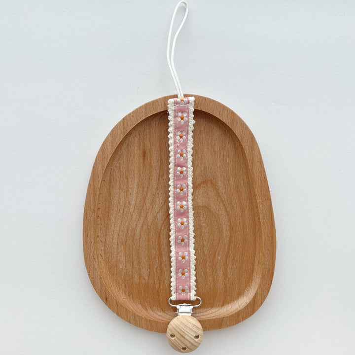 Natural Wooden Bead Pacifier Clip with Embroidered Cotton Lace Strap