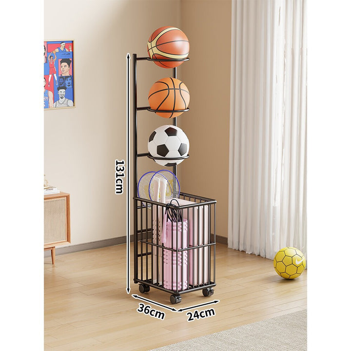 Vertical Rolling Sports Ball Organizer with Multi-Tier Cradles and Bottom Storage Basket
