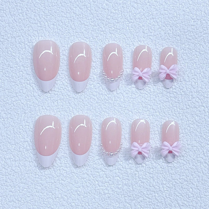 Elegant Artificial Nails with Bows and Pearl Design Kalsten