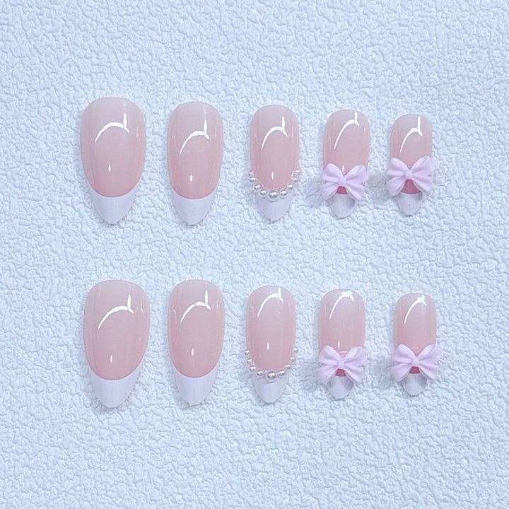 Elegant Artificial Nails with Bows and Pearl Design Kalsten