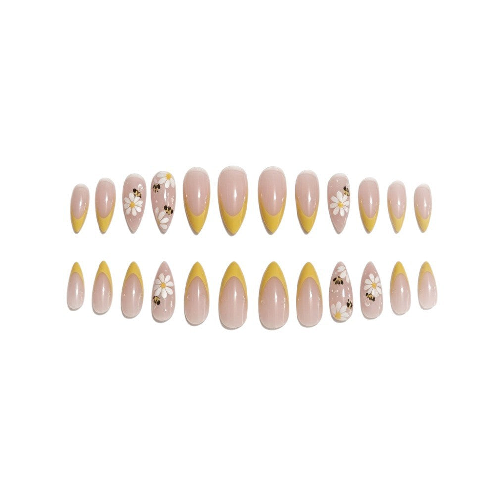 Artistic French Tip Press-On Nail Set with Floral and Bee Designs Kalsten