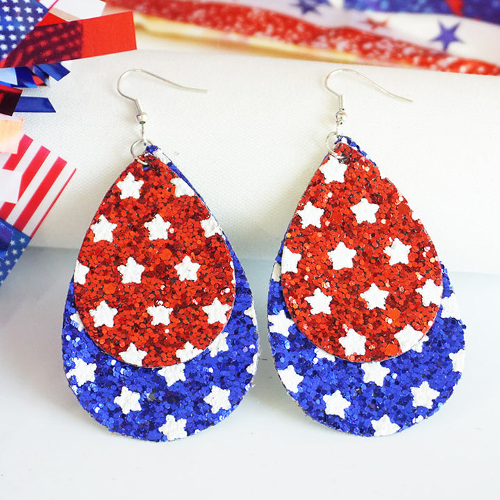 Women's patriotic drop earrings made of faux leather with glitter stars and the inscription Kalsten