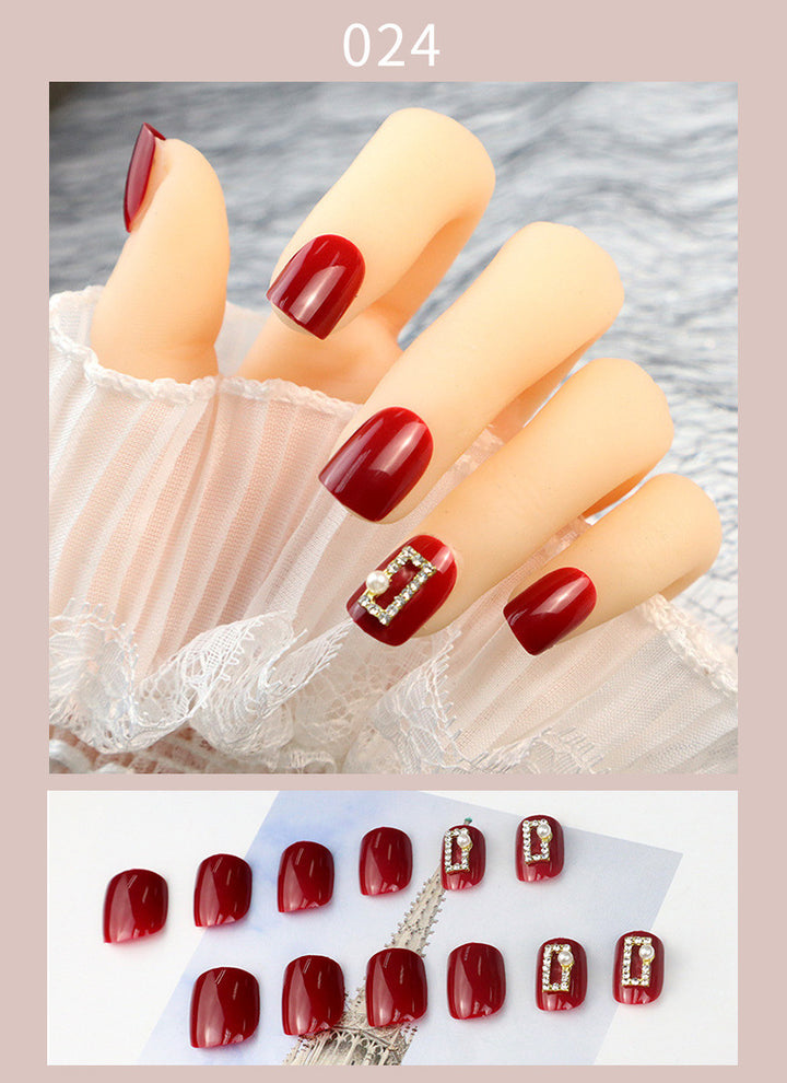 Elegant Red Press-On Nail Set with Pearl and Rhinestone Accents
