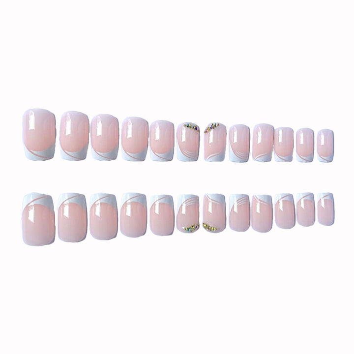 Elegant French Tip Press-On Nails with Gem Accents