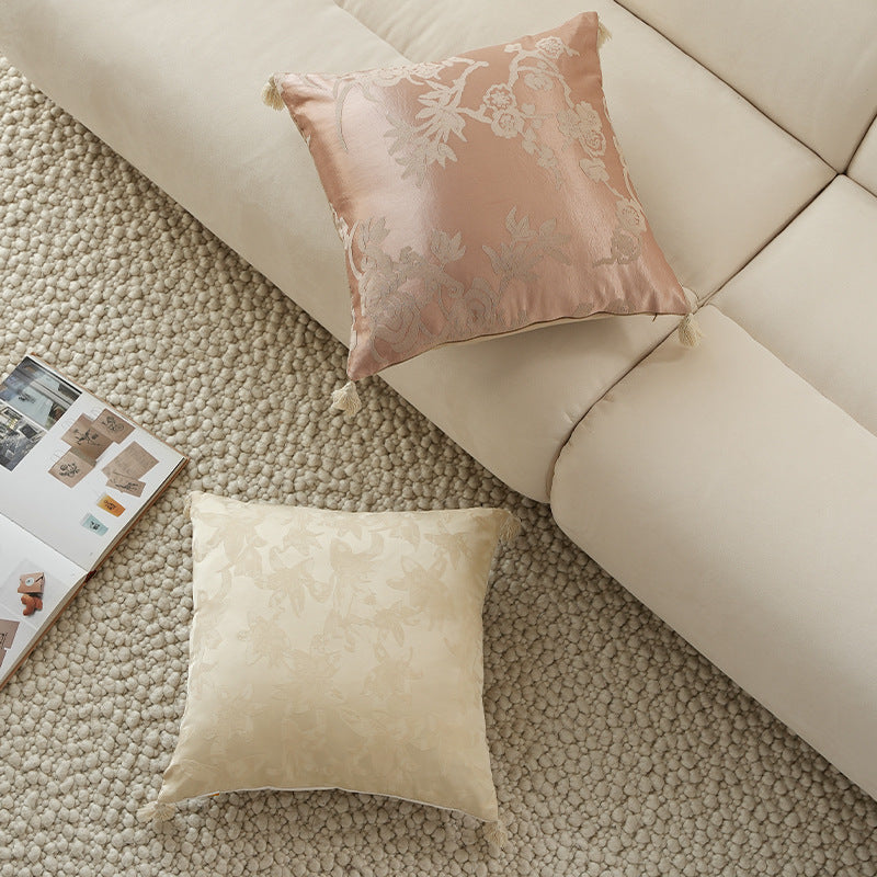 Square jacquard cushion cover made of satin with floral relief texture and tassels Kalsten