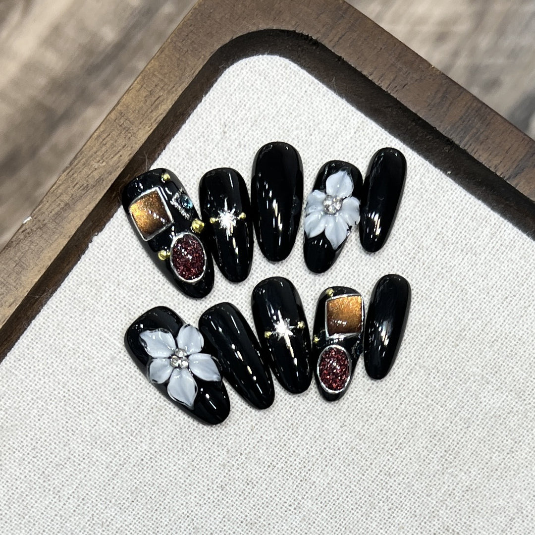 Decorative Press-On Nail Art Set with Floral and Crystal Accents Kalsten