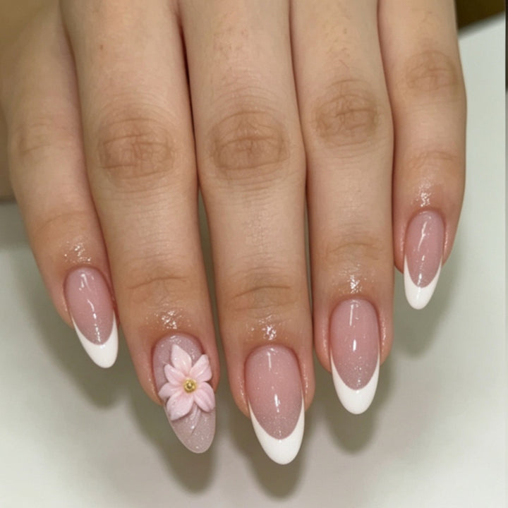 Artificial nails with floral decoration and elegant French tip design Kalsten