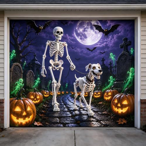 Large-format Halloween photo background made of weatherproof polyester with grommeted fastening edge and bright Haunted House motif