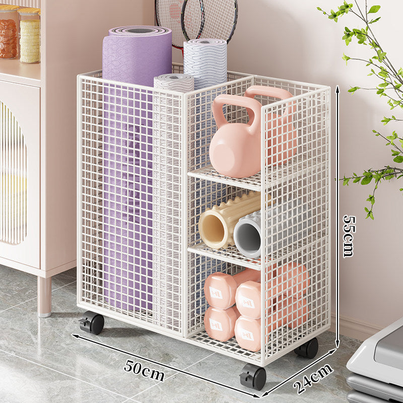 Rolling Mesh Fitness Storage Cart with Vertical Yoga Mat Slot and Shelved Compartments