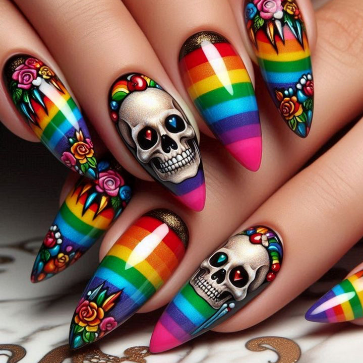 Artistic Skull-Themed Stiletto Nail Art Extensions Kalsten