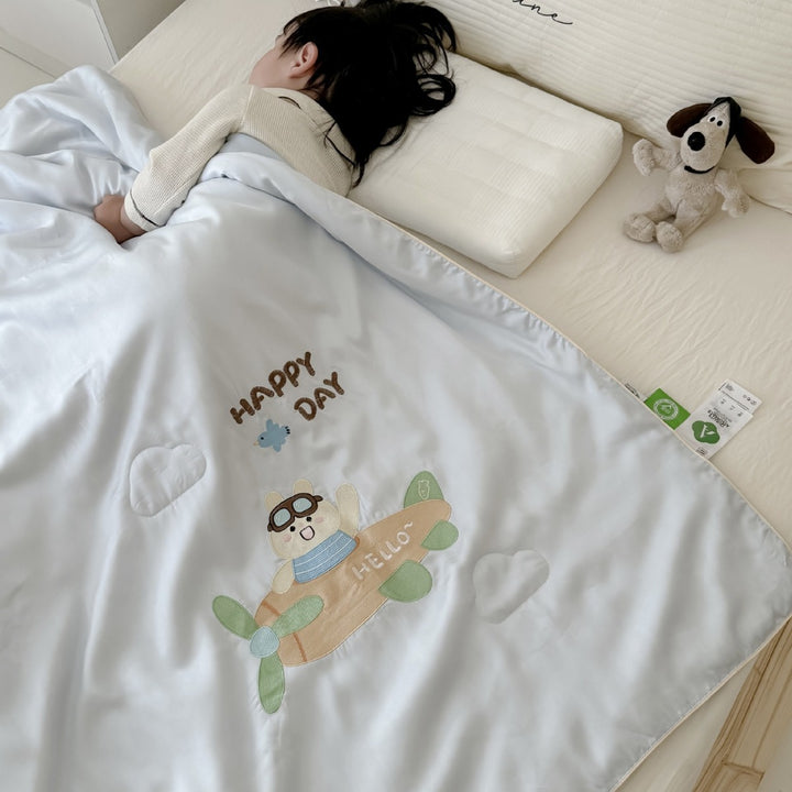 Children's comfort quilt with sweet bunny embroidery and silky satin cover