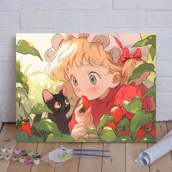 Cartoon Cat and Girl Themed Canvas Paint by Numbers Art Kit Kalsten