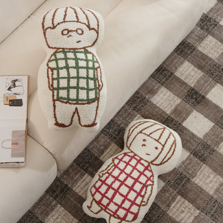 Doll-shaped decorative cushion with chenille texture and checkered embroidery
