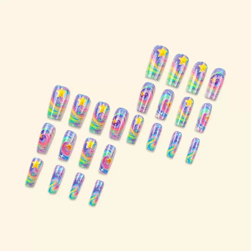 Glittering artificial nail set with colorful spiral design and star accents Kalsten
